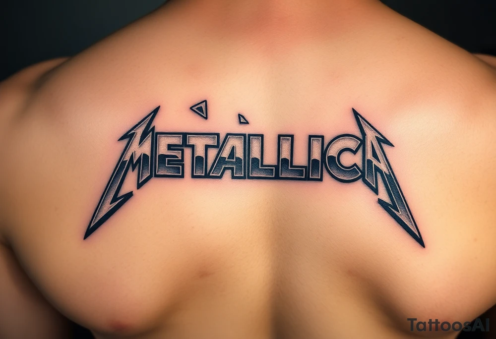 A detailed depiction of the "Metallica" logo in a sharp, angular font, surrounded by shards of shattered glass, glowing with metallic silver and dark shadows tattoo idea
