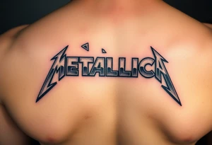 A detailed depiction of the "Metallica" logo in a sharp, angular font, surrounded by shards of shattered glass, glowing with metallic silver and dark shadows tattoo idea