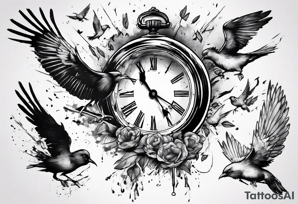 clock explodes into birds tattoo idea