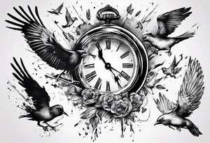 clock explodes into birds tattoo idea
