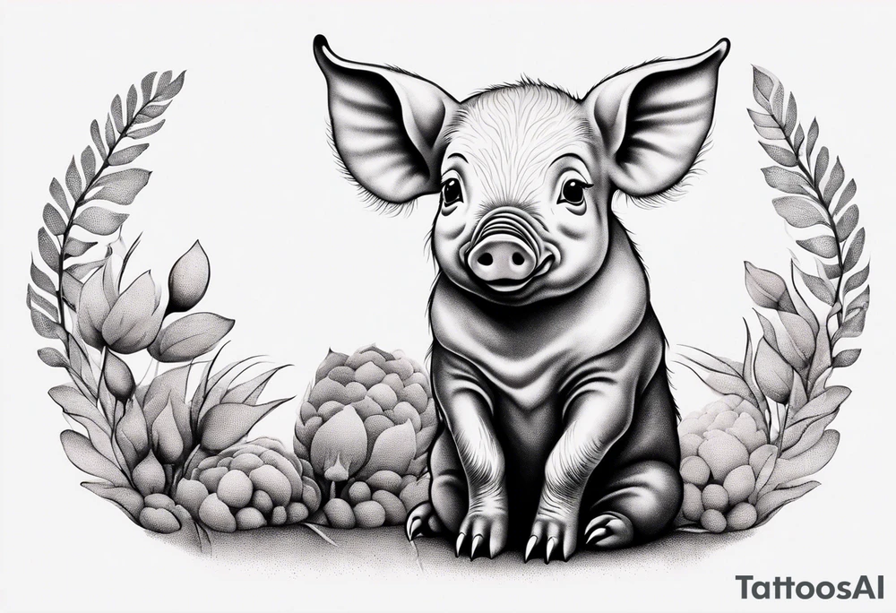 cute piglet sitting on bum. thin lines minimal shading, black and white only, with text "friends not food", white background tattoo idea