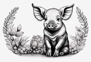 cute piglet sitting on bum. thin lines minimal shading, black and white only, with text "friends not food", white background tattoo idea