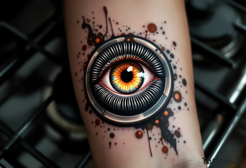 A kitchen eye tattoo features a realistic human eye nestled within the circular burner of a vintage stovetop, with metallic gray coils spiraling outward and the iris glowing a fiery orange-red as if lit from within, framed by subtle steam and tiny food splatters in soft pastel greens and browns for a surreal culinary twist. tattoo idea