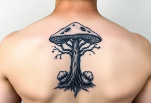 Magic mushroom with truffles growing underneath with the tree of life symbol but with mushroom tattoo idea