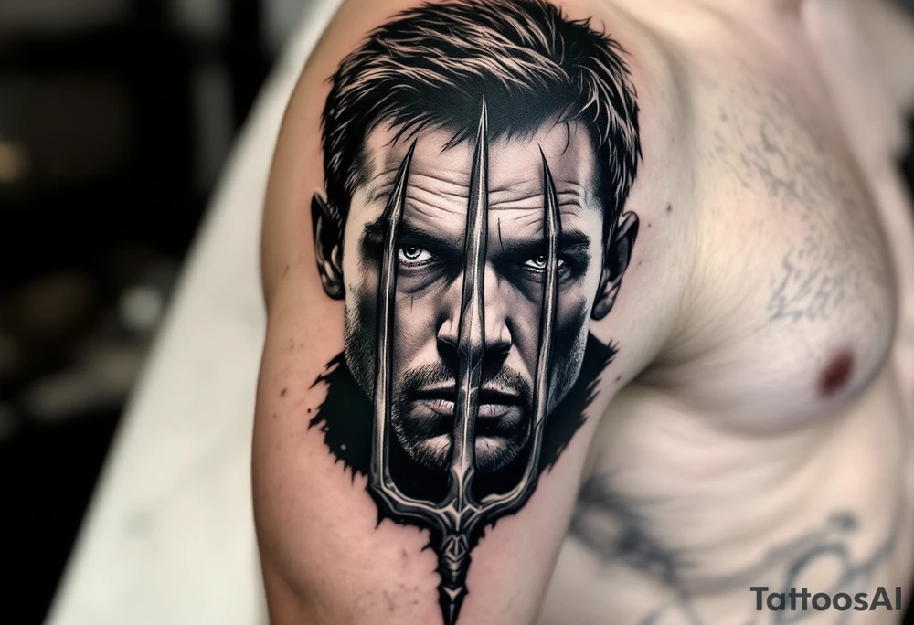 close-up Dexter Morgan face behind a trident tattoo idea