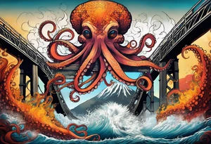 Octopus attacking a bridge with volcano in background erupting tattoo idea