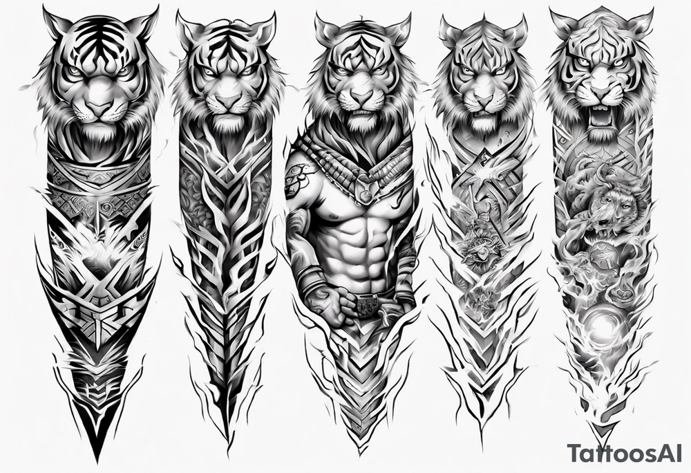 Tiger Warrior sleeve tattoo with lightning and the sun
Forearm sleeve tattoo idea
