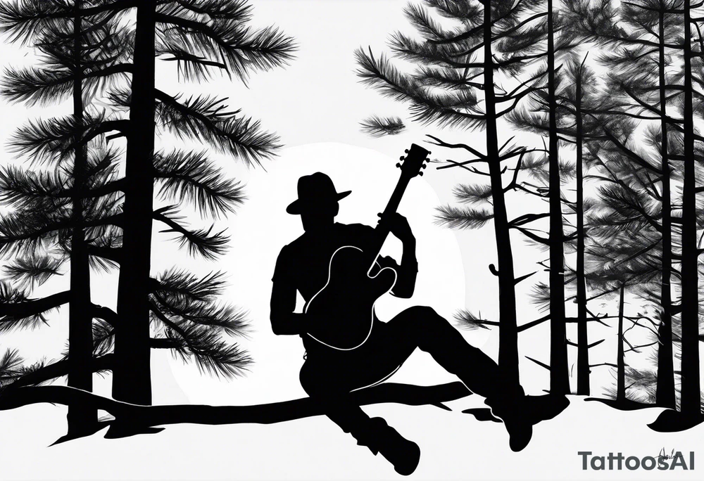silhouette of a man sitting in a pine tree playing electric guitar tattoo idea