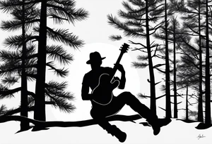 silhouette of a man sitting in a pine tree playing electric guitar tattoo idea