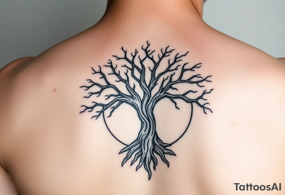 yggadrisl tree of life with circle. names Jai , Phoebe, Imogen, Matilda in the circle tattoo idea