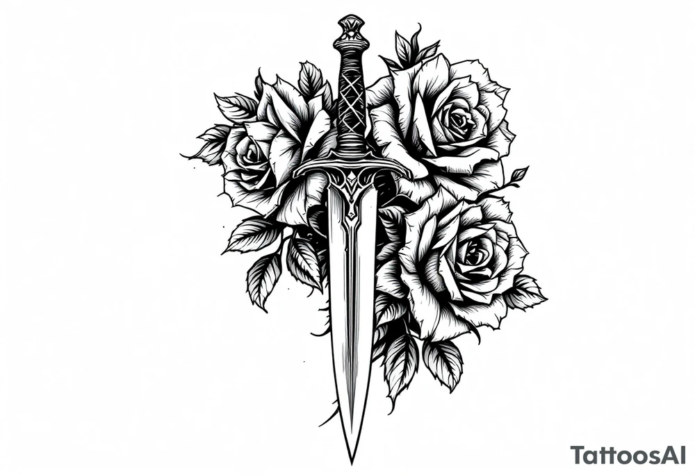 Roses with a dagger through tattoo idea