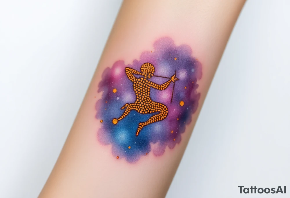 A night sky with Sagittarius figure made of glowing golden dots, surrounded by a soft watercolor galaxy in deep blues and purples tattoo idea