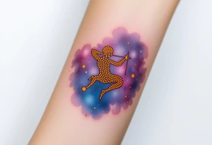 A night sky with Sagittarius figure made of glowing golden dots, surrounded by a soft watercolor galaxy in deep blues and purples tattoo idea