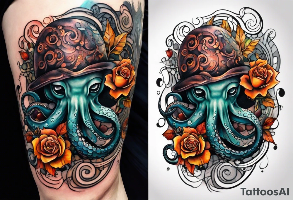 masculine abstract left thigh tattoo with a large octopus in water swirls wrapping around rocks, a rose, in fall colors with some small leaves and fall elements tattoo idea