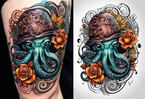masculine abstract left thigh tattoo with a large octopus in water swirls wrapping around rocks, a rose, in fall colors with some small leaves and fall elements tattoo idea