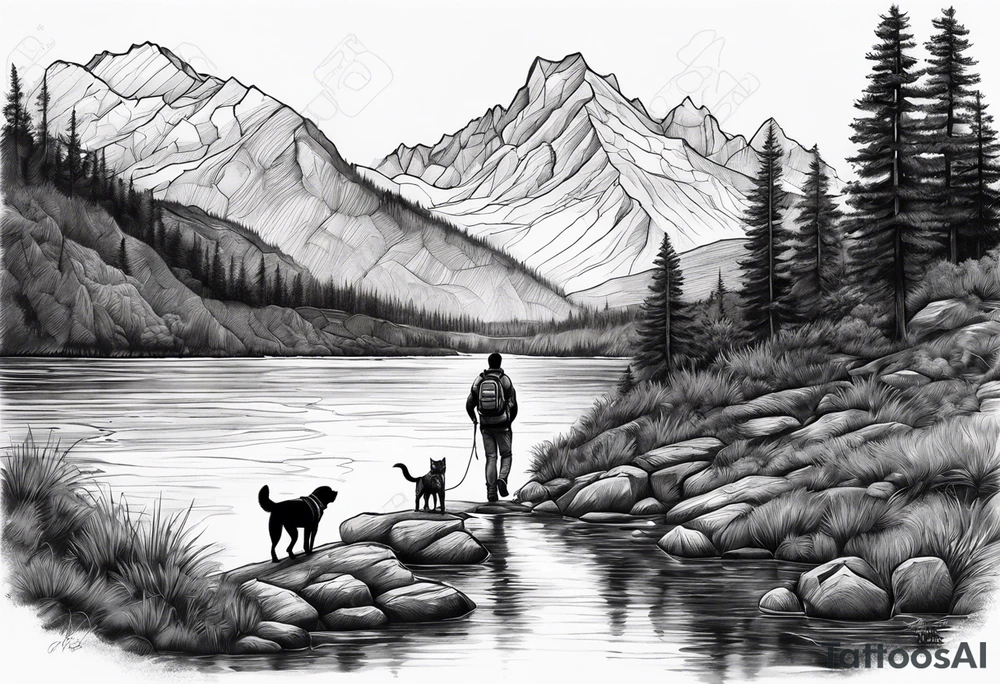 nature, sunset, mountains, a father and son hiking with their dog and cat by the water tattoo idea