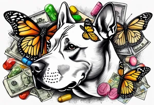 american staffordshire with a butterfly, with pills, drugs, euro bank notes and currency, bank cheques, police, walkietalkies tattoo idea