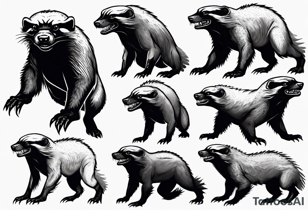 Angry, snarling, detailed honey badger with its snout forward and legs outstretched at its sides tattoo idea