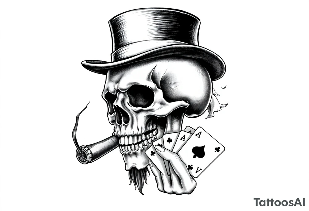 a skull with mustache, a big cigar in his mouth,top-hat on his head and playing cards in a hand. tattoo idea