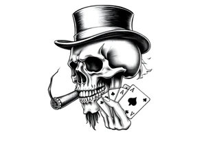 a skull with mustache, a big cigar in his mouth,top-hat on his head and playing cards in a hand. tattoo idea