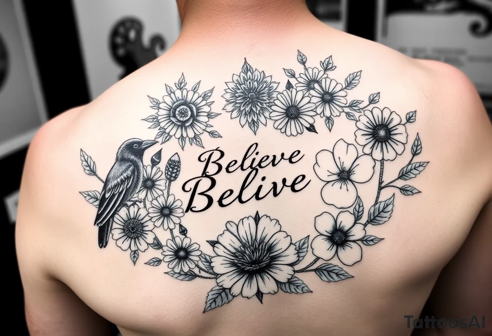 shoulder and three quarter sleeve.  Include crow, honey bee, dandelion puffball, daisy, poppy flower, hawaii flower, dragon flower, the word believe, sprite fairy, dog wood flower, dates: 01/20/85, 5/31/91, 6/10/99, surrounded by floral ornaments and leaves tattoo idea