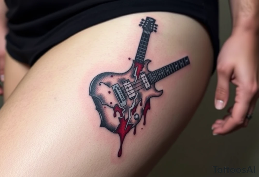 A jagged, shattered electric guitar, with a blood-red hue dripping from the broken edges, symbolizing chaos and intensity tattoo idea