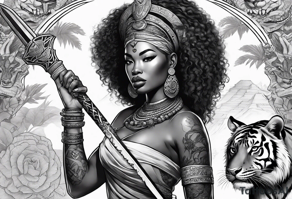African goddess with sword in hand and tiger Japanese traditional style full sleeve tattoo tattoo idea