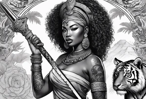 African goddess with sword in hand and tiger Japanese traditional style full sleeve tattoo tattoo idea