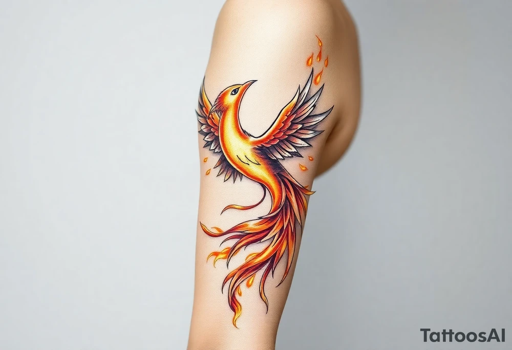 magnificent phoenix rising from golden flames with trailing embers tattoo idea