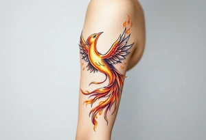 magnificent phoenix rising from golden flames with trailing embers tattoo idea