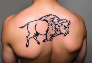 Feminine Buffalo side view running into a storm, Stanford logo as a brand, sunshine on the other side the buffalo is running towards tattoo idea