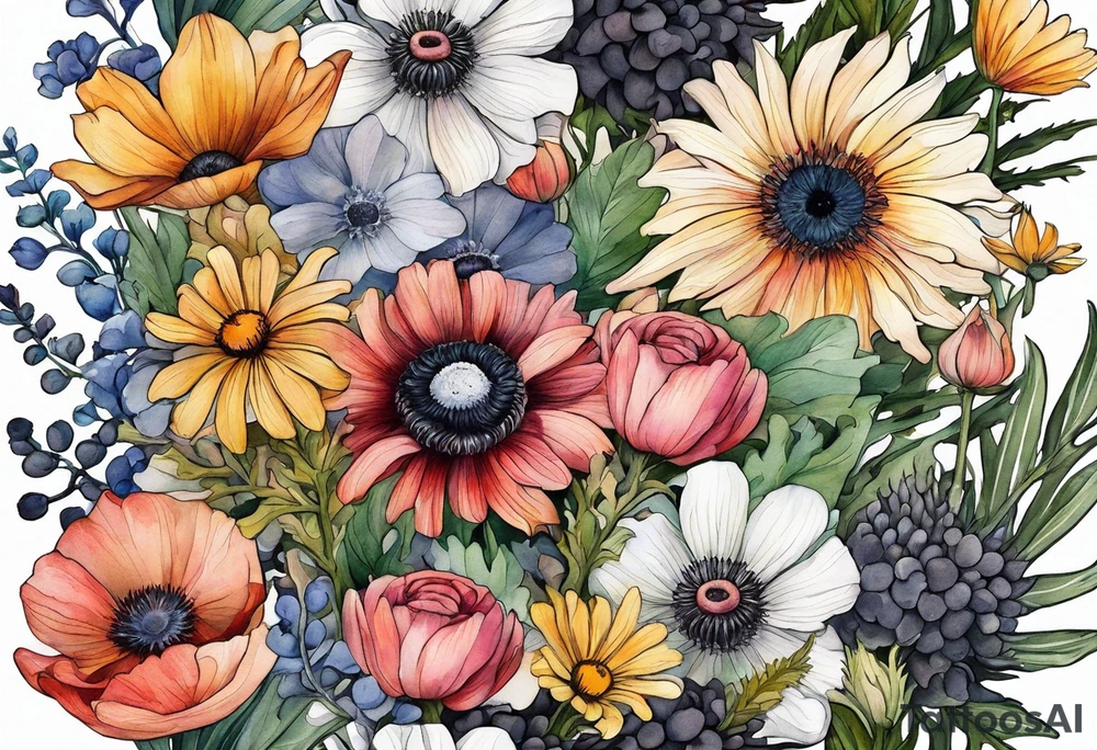 wildflowers with thistles, ferns, ranuculus, white anemones with black center, sun flowers, mixed color flowers all in watercolor tattoo idea