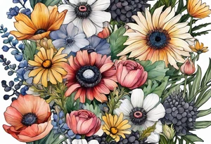 wildflowers with thistles, ferns, ranuculus, white anemones with black center, sun flowers, mixed color flowers all in watercolor tattoo idea