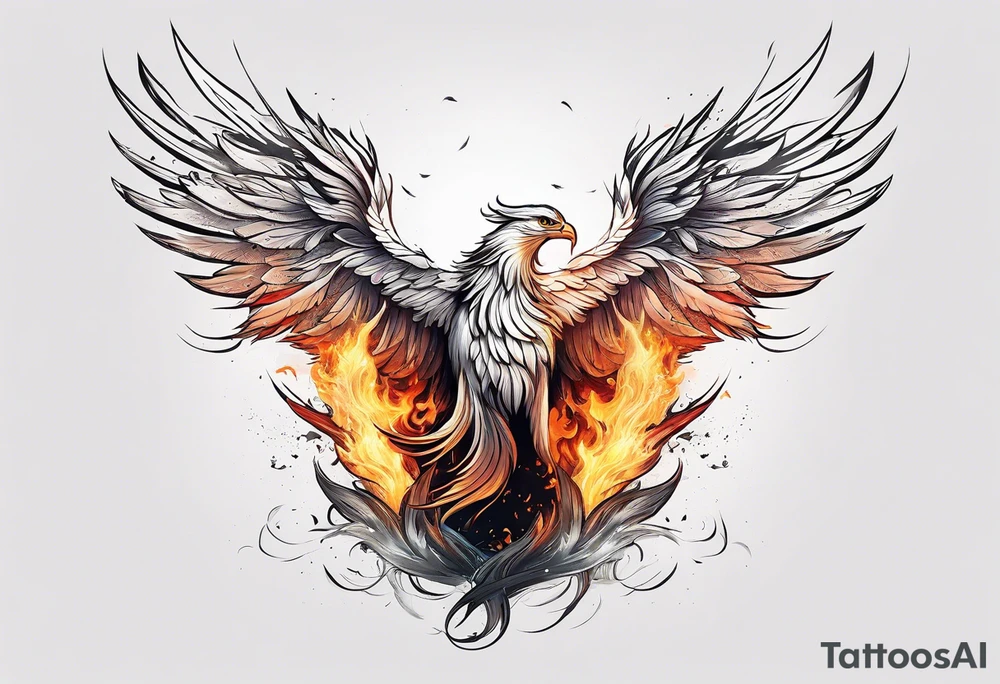 a phoenix rising from the ashes, with an angel opening its wings on the background tattoo idea