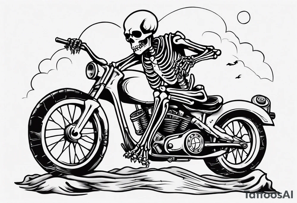 A skeleton sitting on a motorcycle on the beach drinking a beer tattoo idea A skeleton sitting on a motorcycle on the beach drinking a beer tattoo idea