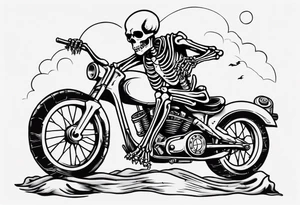 A skeleton sitting on a motorcycle on the beach drinking a beer tattoo idea