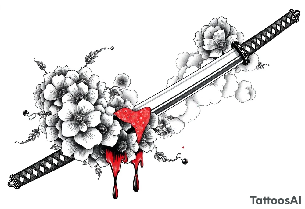 Japanese Katana with flowers clouds and blood on the blade tattoo idea