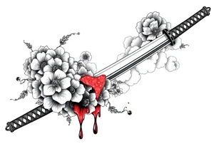 Japanese Katana with flowers clouds and blood on the blade tattoo idea