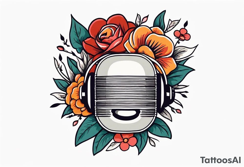 traditional vintage tattoo of mouth singing in microphone simple  flowers and banner
no face tattoo idea