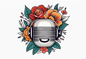 traditional vintage tattoo of mouth singing in microphone simple  flowers and banner
no face tattoo idea
