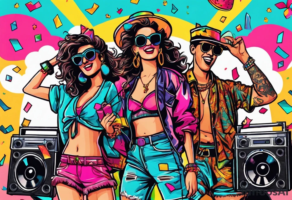 1980's style dance party with boom box and confetti in a beach theme. include people in 80's miami beach clothes, music note. tattoo idea