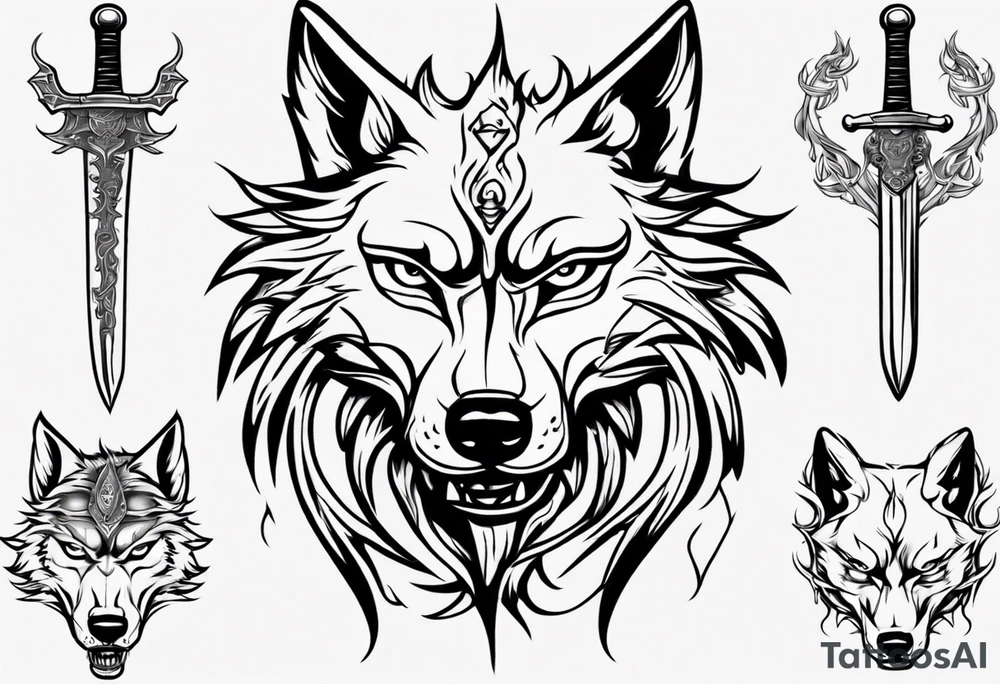wolf head with sword in background tattoo idea