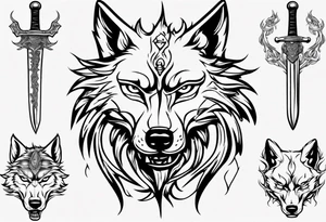 wolf head with sword in background tattoo idea