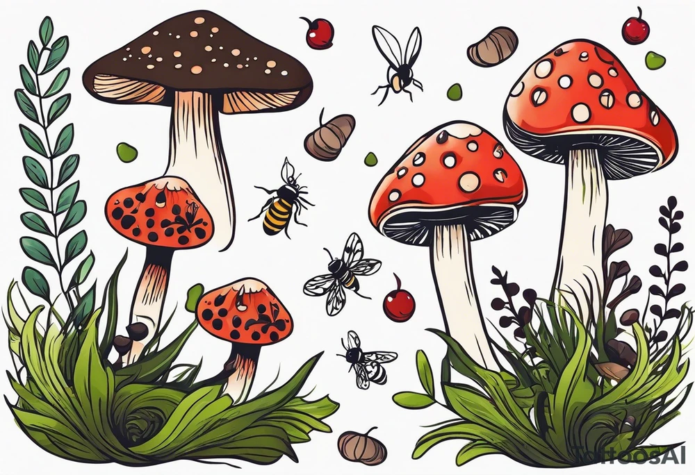 minimalistic forest floor inspired tattoo, which includes grass, moss, curly ferns and dead leaves as the bulk of the tattoo. details to include: forest berries, couple of very small brown mushrooms, a tiny bumblebee flying nearby tattoo idea
