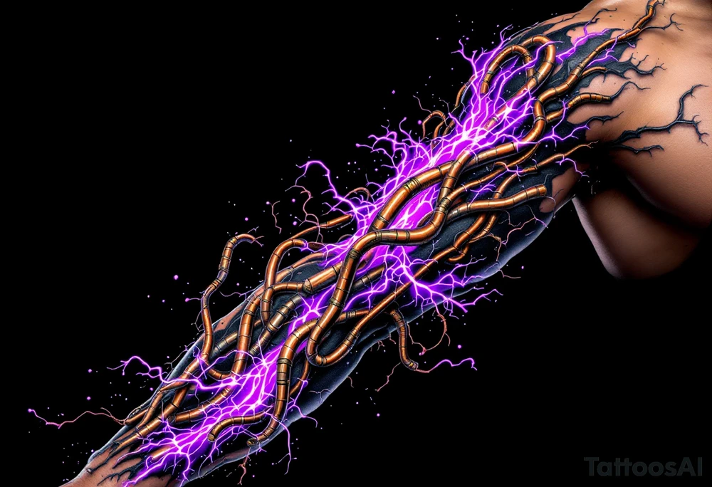 A vibrant design featuring copper tubes and violet plasma lines integrated into the skin’s anatomy. tattoo idea