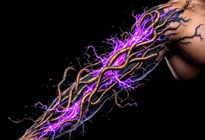 A vibrant design featuring copper tubes and violet plasma lines integrated into the skin’s anatomy. tattoo idea