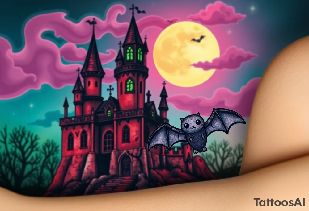 Tim Burton’s haunted castle is abandoned and dripping with muted reds, dusty pinks, and eerie green glow.purple and cyan smokey clouds swirl in the crescent moonlit sky thats sprinkled with stars under the castle an adorable kawaii bat spreads its wings tattoo idea tattoo idea