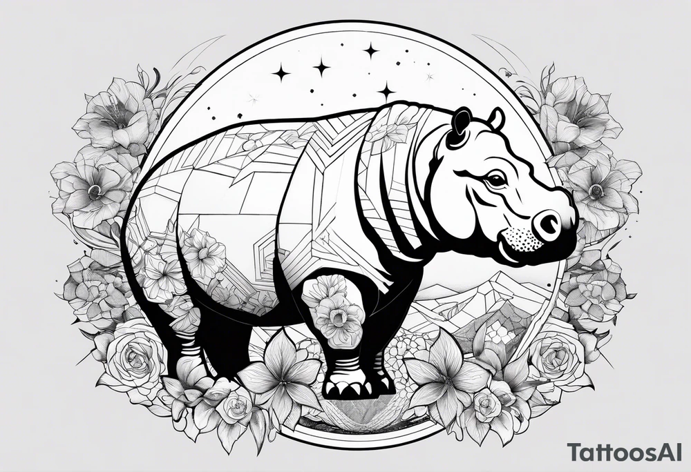 Hippo, flowers, moon, interstella, artic surreal,
Extreme fine lines, tribal, geometric, japanese, artistic tattoo idea