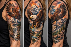majestic eagle spreading wings against mountain peaks tattoo idea