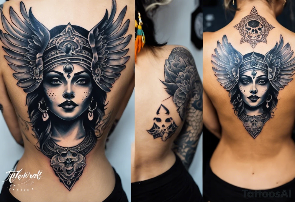 black kali, goddess pirate, alien, angel, pachamama, valkrye, warrior, flying, skull, lotus azul, wing, eagle, zenza resonance, stars, 5D, anahata chakra, death, durga, riding on a tiger, flying lady, kundalini, chest tatoo tattoo idea